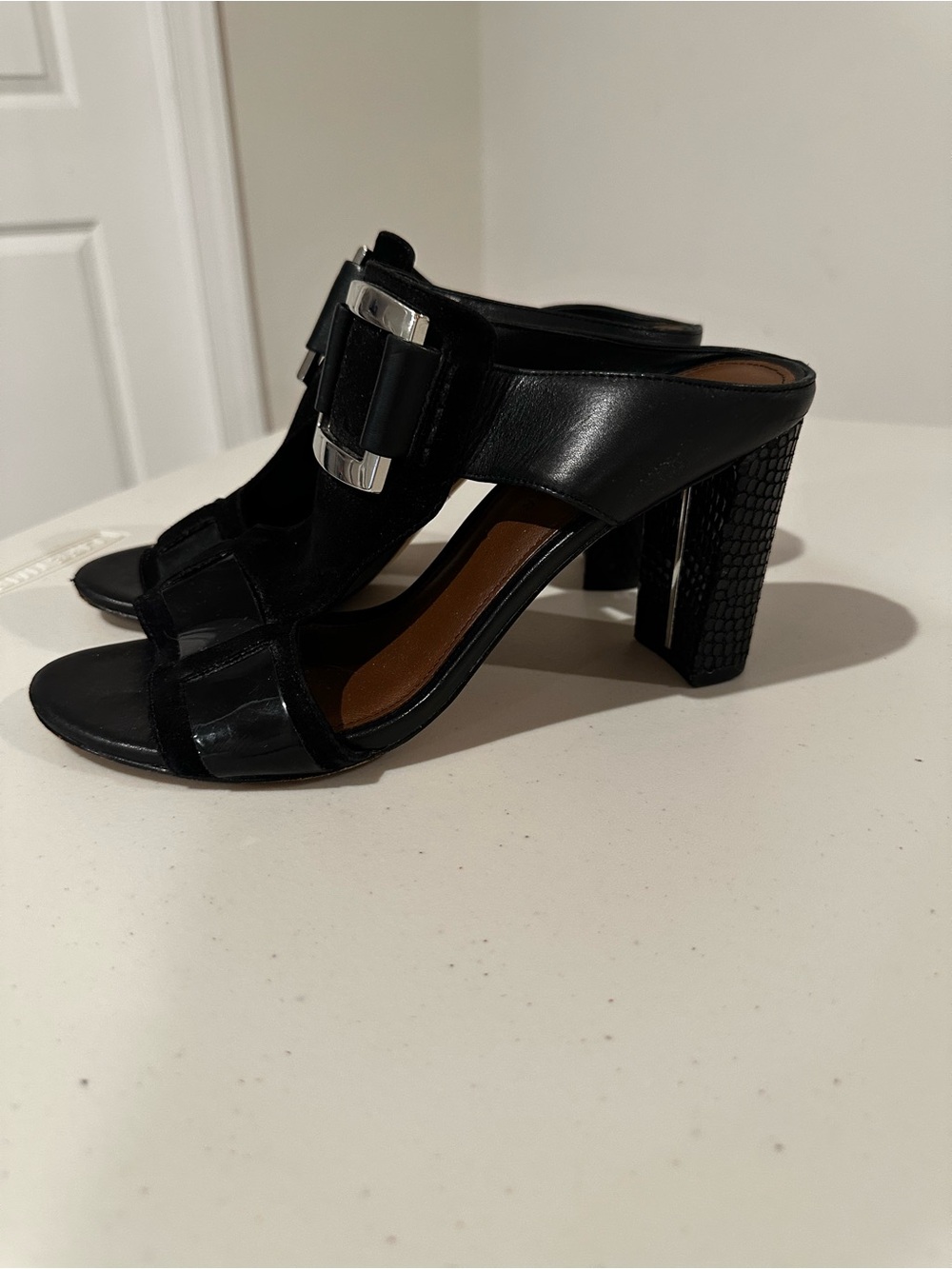 Donald J Pliner Black Leather Patent Suede Mule Sandals Silver Buckle Size 8